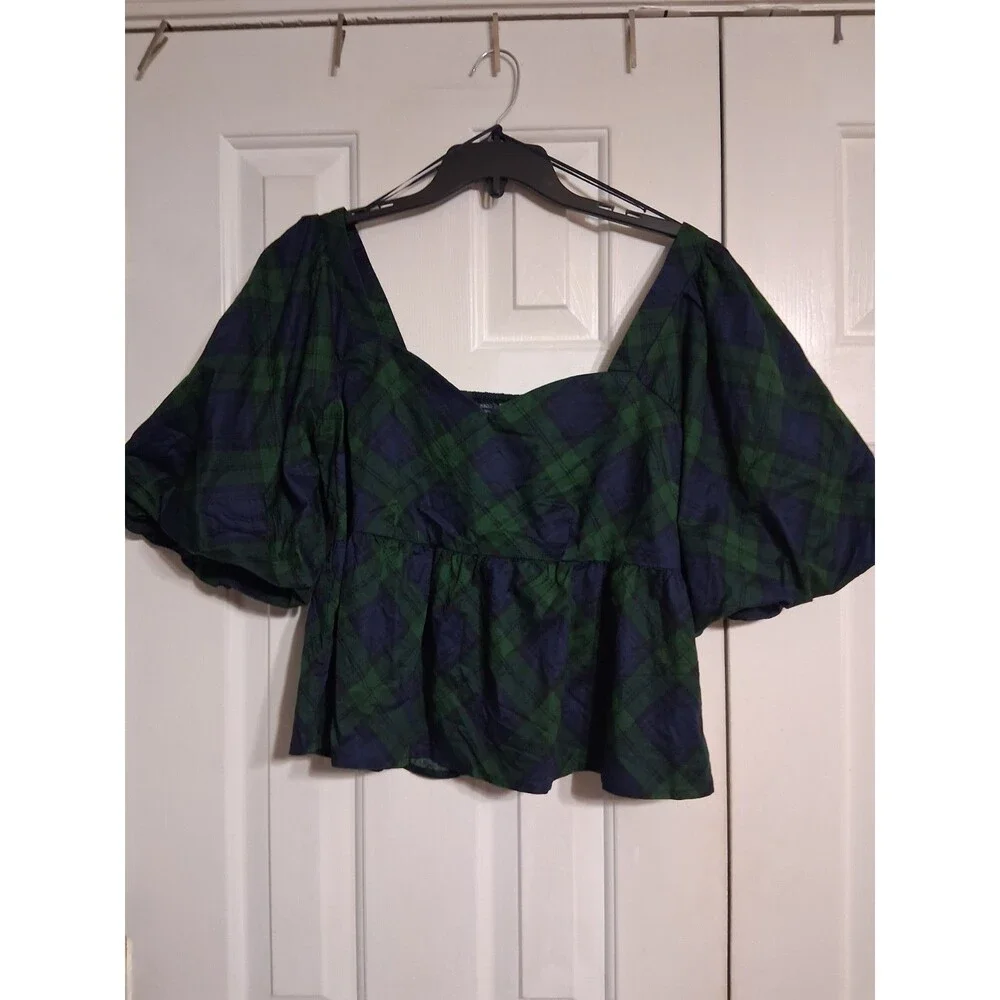 NWT Women's Old Navy Puff Sleeve Poplin Peplum Top Size XL Tartan